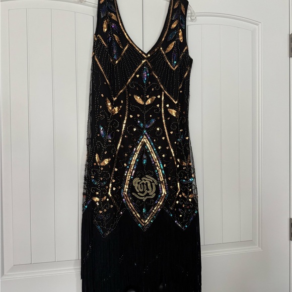Metime Dresses & Skirts - Metime Elegant Black Mini Dress with Gold and Blue Embellishments